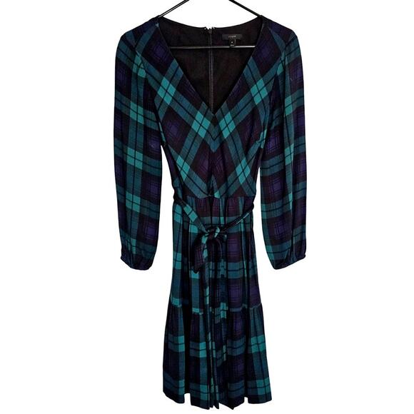 J. Crew Tartan Plaid Mini Dress 6 Preppy Green Party Flirty Classic Viscose Belt - Picture 1 of 9